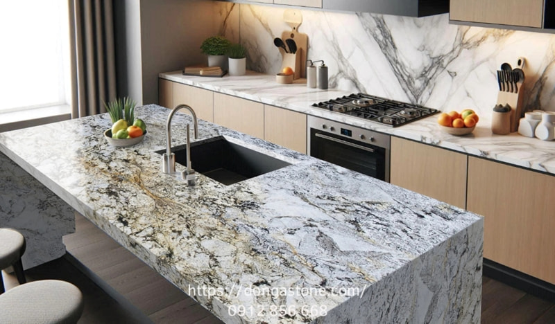 So Sánh Đá Xanh Thanh Hóa Với Đá Granite, Bazan, Marble 3 Đá granite thường được sử dụng cho các hạng mục như lát sàn, ốp tường, mặt bàn bếp và bồn rửa (lavabo).