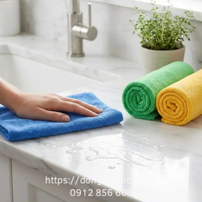 Khăn vi sợi (Microfiber) mềm, sạch giúp lau bề mặt đá tự nhiên hiệu quả, không trầy xước và hạn chế bám bẩn trở lại.