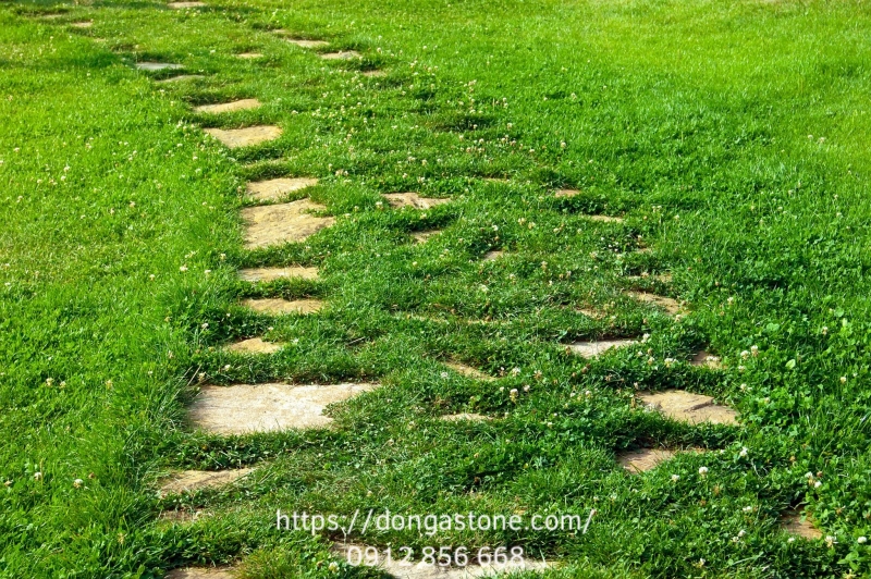 Đá lát kết hợp cỏ xen kẽ giúp không gian thông thoáng, tạo cảm giác gần gũi và tự nhiên.