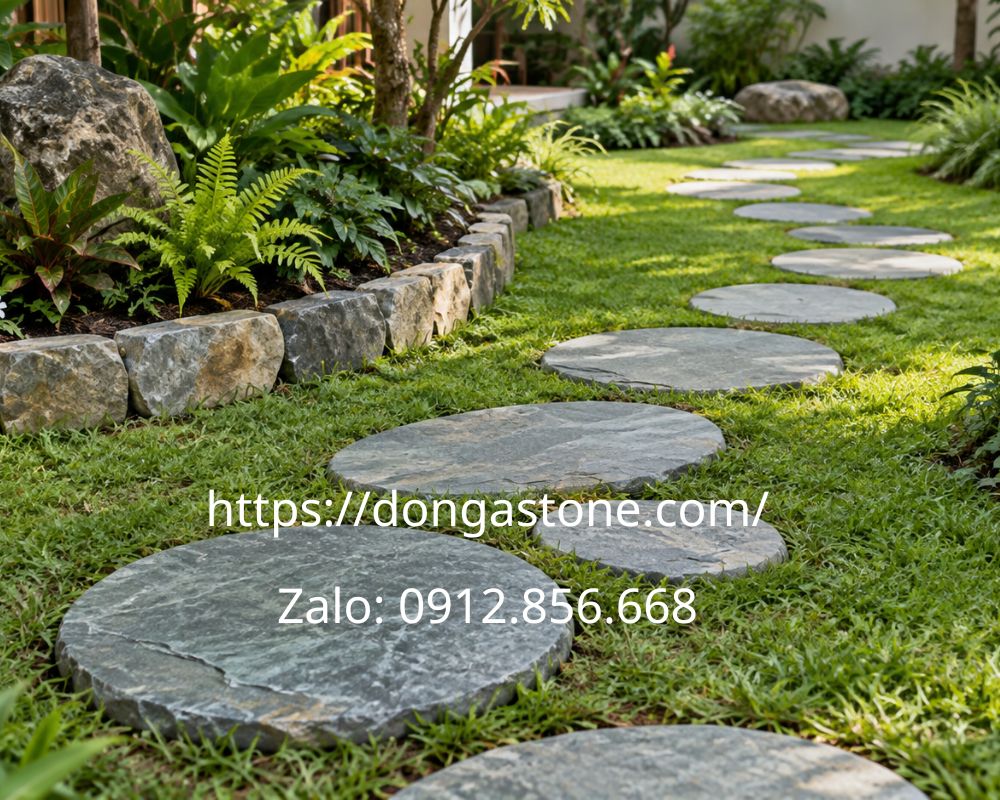 Đá bước dạo sân vườn: Mẫu đá, bảng giá và cách lựa chọn 3 Đá bước dạo tròn và oval kết hợp thảm cỏ và bồn cây.