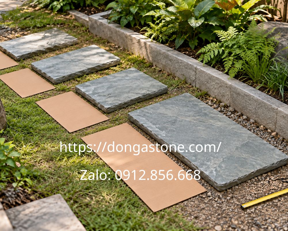 Đá bước dạo sân vườn: Mẫu đá, bảng giá và cách lựa chọn 8 Đặt mẫu và tấm bìa mô phỏng để chọn kích thước đá bước dạo.