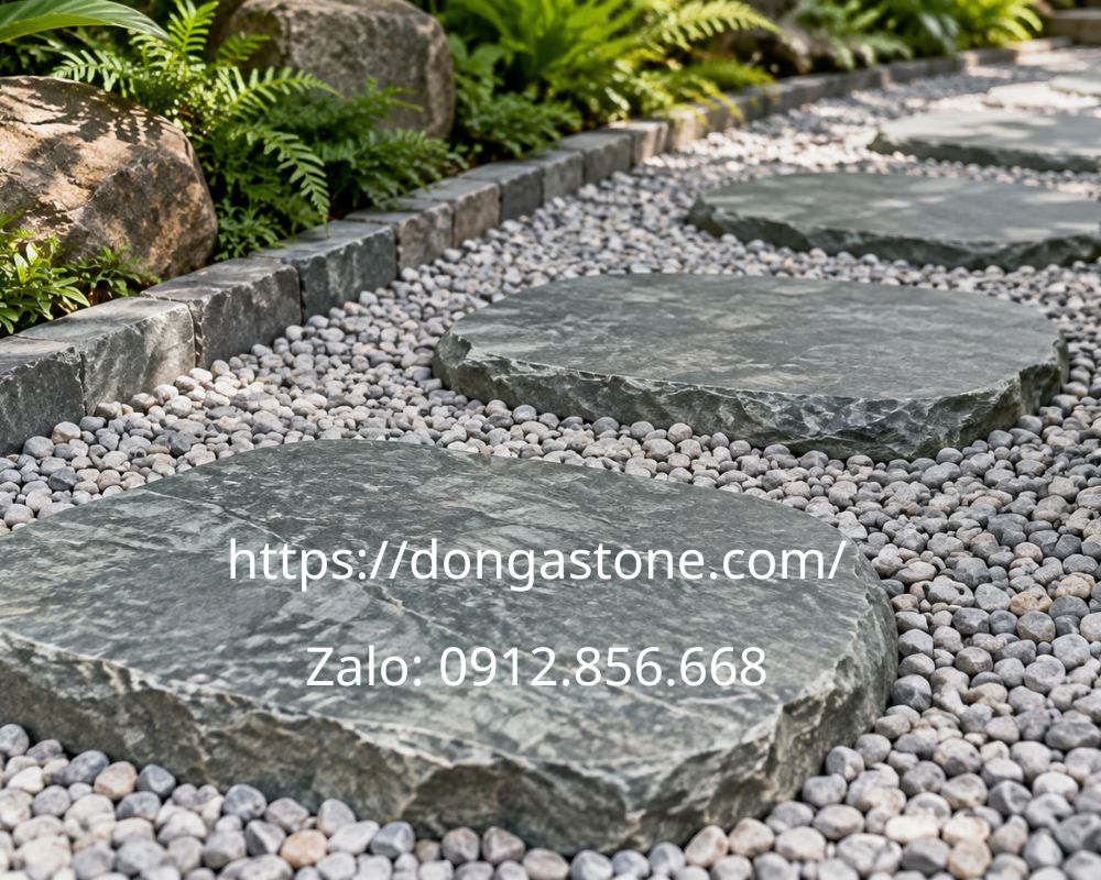 Đá bước dạo sân vườn: Mẫu đá, bảng giá và cách lựa chọn 13 Đá bước dạo trên nền sỏi có viền giữ vật liệu trong phạm vi lối đi.