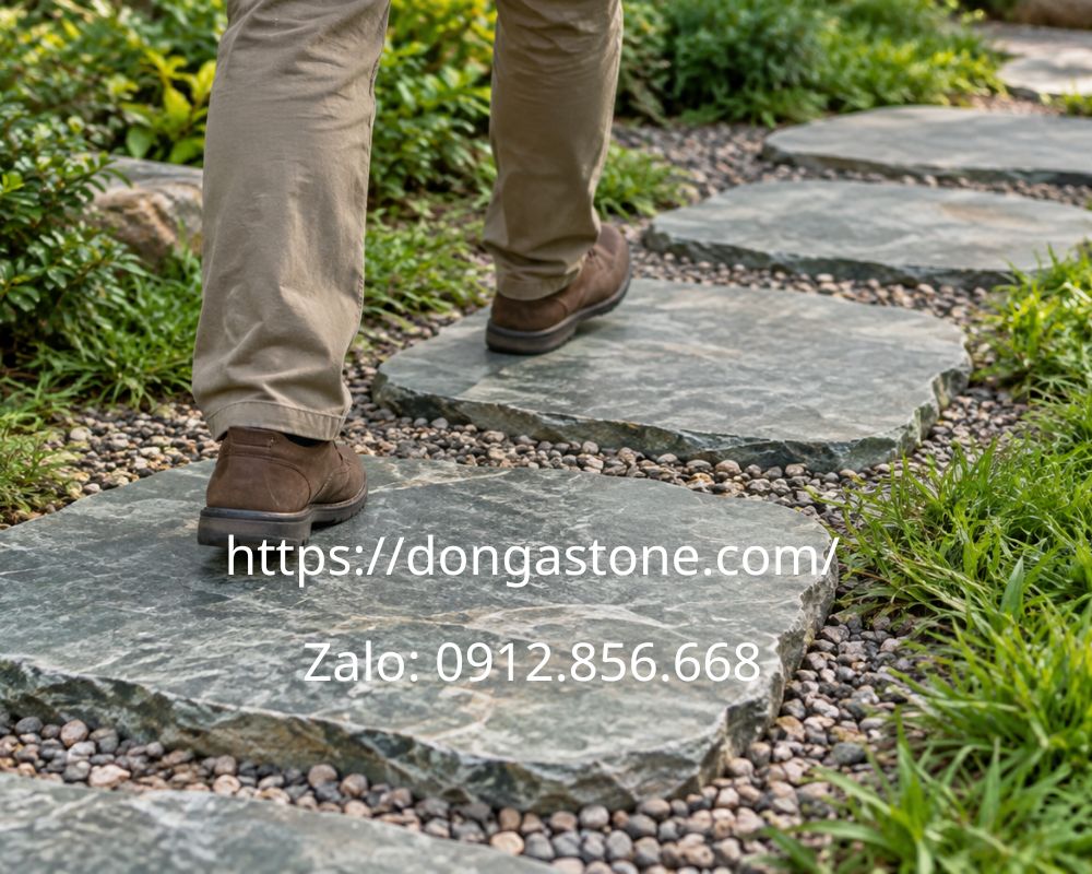 Đá bước dạo sân vườn: Mẫu đá, bảng giá và cách lựa chọn 14 Đi thử trên các tấm đá bước dạo để kiểm tra nhịp bước và số lượng